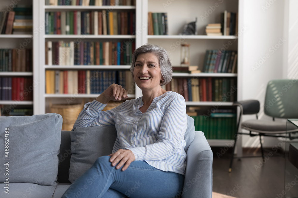 Portrait of smiling old senior woman relaxing on cozy sofa at modern living room. Happy candid mature grandmother looking at camera, holding video call conversation, retirement lifestyle concept.