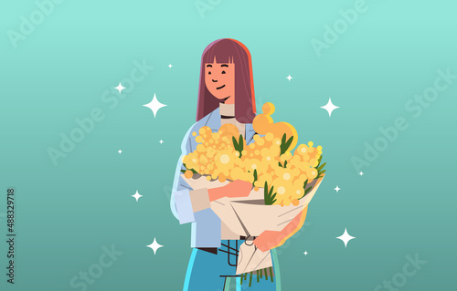 beautiful girl holding flowers bouquet 8 march international happy womens day celebration concept horizontal