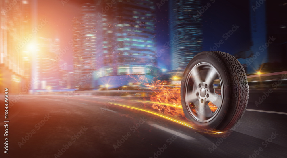 Car tire quick service sport speed concept - Burning car tire