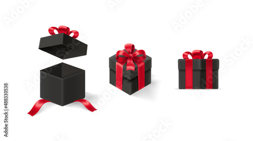 Black boxes with red ribbons. 3d style illustration