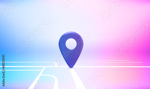 Map navigation red pointer on the road in perspective. Travel destination concept. Vector 3d illustration