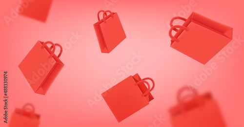 Flying red shopping bags on red background. Online shopping. 3d vector illustration