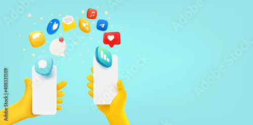 People sharing files via mobile phone. 3d vector banner with copy space