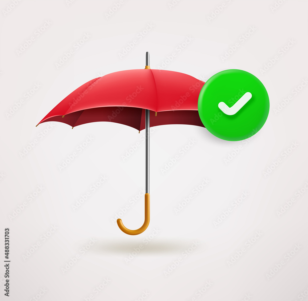 Red umbrella icon with checkmark. 3d vector icon Red umbrella icon with checkmark. 3d vector icon