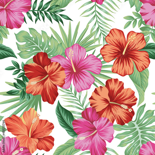 Tropical vintage red magenta hibiscus flower, palm leaves floral seamless pattern white background. Exotic jungle wallpaper.