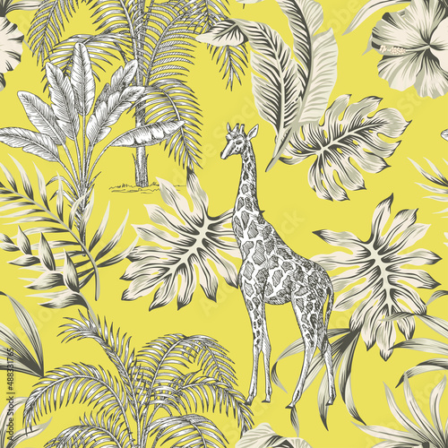 Tropical palm leaves, palm trees, giraffe animal summer floral seamless pattern yellow background. Exotic jungle wallpaper.