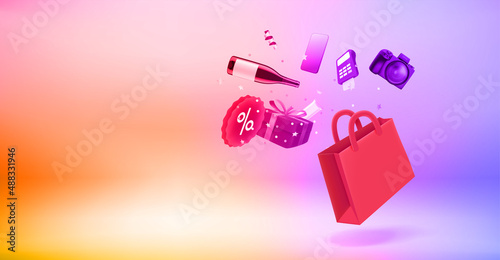 Shopping bag with goods in veri peri color room . 3d vector banner with copy space