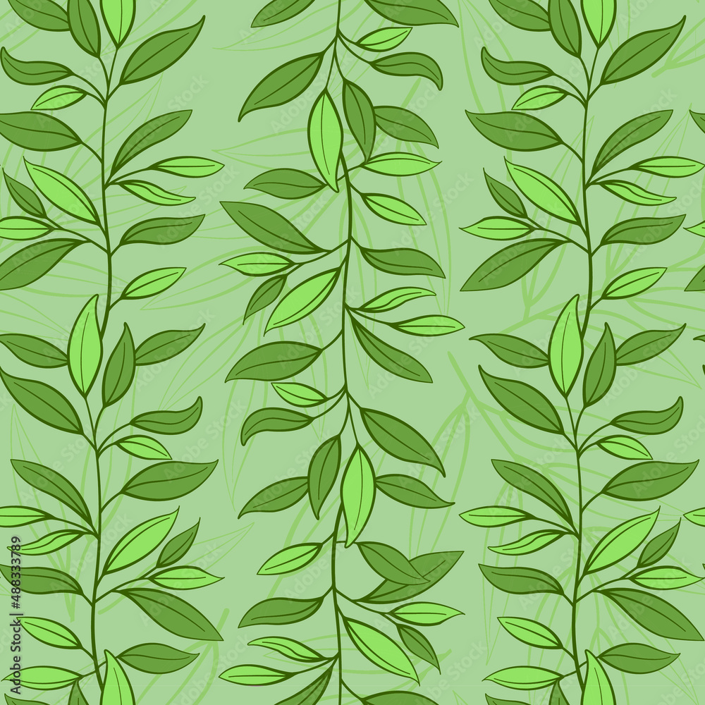 Fototapeta premium Vector seamless pattern with vertical green branches on green background.