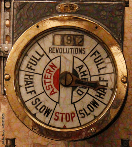 ship speed and direction on movement control dial within a brass circular frame
