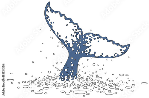 Tail fin of a diving whale among splashes, vector cartoon illustration isolated on a white background