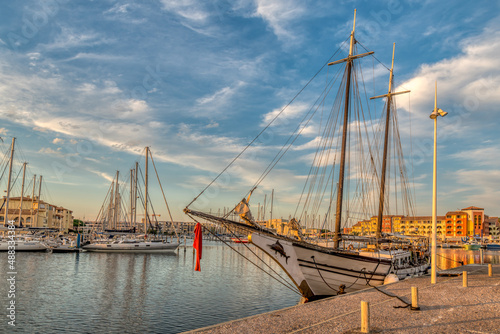 Ships and boats on a beautiful sunset taken in Port Leucate South of France a Mediterranean ladnscape 