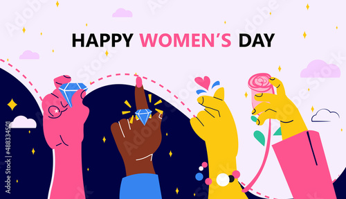 set mix race female hands international happy womens day celebration concept 8th march greeting card horizontal vector illustration