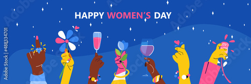 mix race hands holding glasses of champagne international happy womens day celebration concept 8th march
