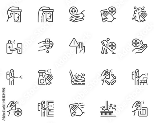 Set of Vector Line Icons Related to Disinfection and Cleaning. Disinfection of Rooms and Furniture. Protective Face Shield, Protective Suit. Editable Stroke. 48x48 Pixel Perfect.
