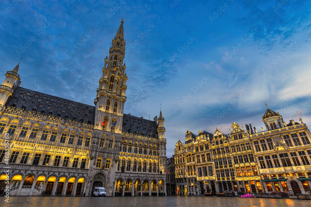 Brussels Belgium, night city skyline at famous Grand Place town square