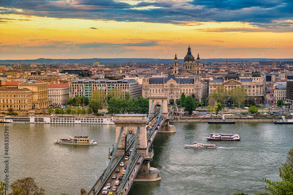 Budapest Hungary, city skyline sunset at Danube River with Chain Bridge and St. Stephen's Basilica