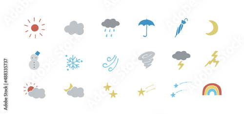 シンプルでかわいいお天気アイコン 装飾イラストセット 天候 手描き 落書き
