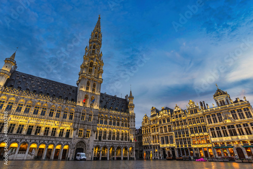 Brussels Belgium, night city skyline at famous Grand Place town square