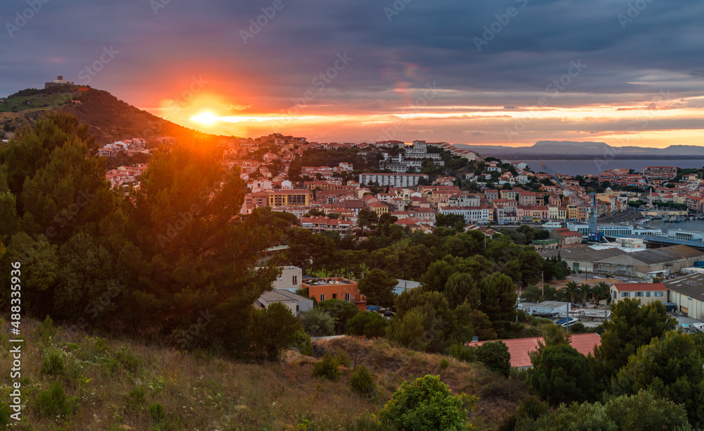 Coastal mediteranean landscape in Port Vendres Languedoc South of France at sunset