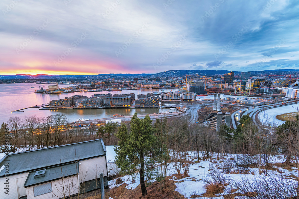 Oslo Norway, sunset city skyline at business district and Barcode Project