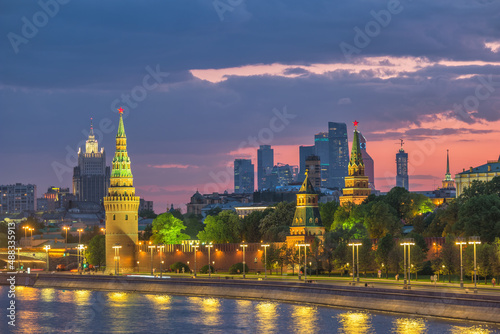 Moscow Russia, sunset city skyline at Kremlin Palace with business center district and Moscow River