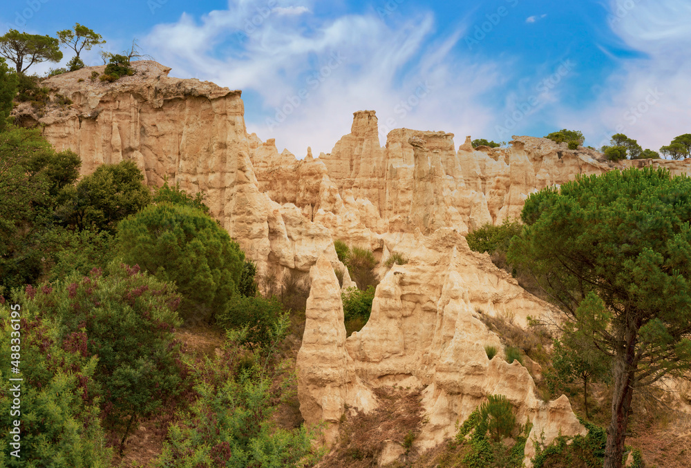 Les Orgues in Pyrenees-Orientales France a famous landmark geological site with hoodoos and unusual formations of rocks