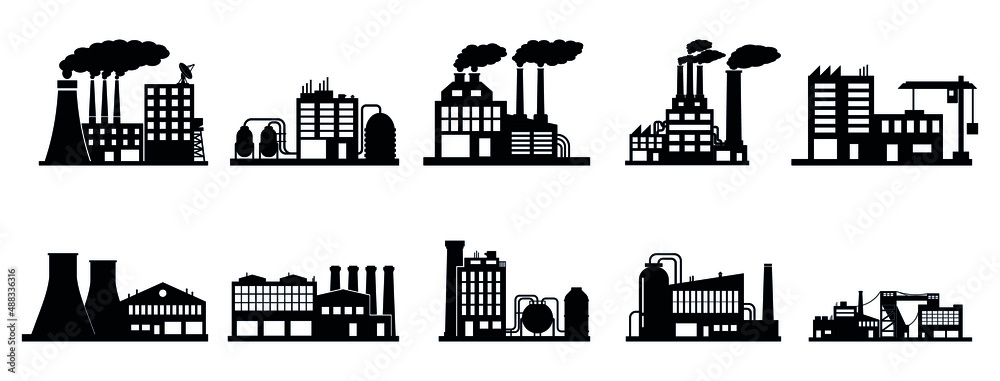 Set of industrial buildings on a white background. Black silhouettes of plants and factories. Vector illustration in flat style.
