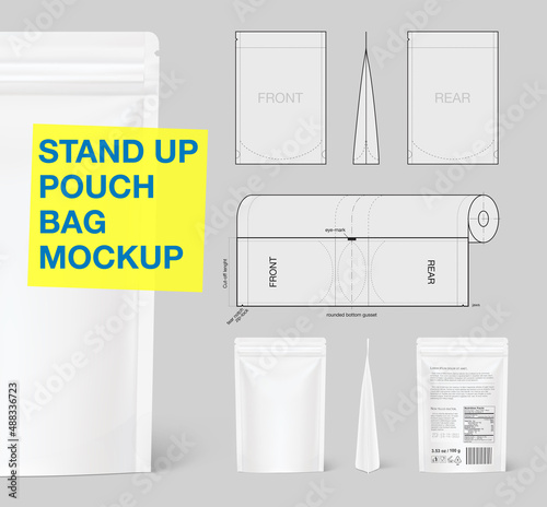 Stand-up pouch bag mockup with layout. Vector illustration. Front view. Ideal for the final pack shot of your product. EPS10.