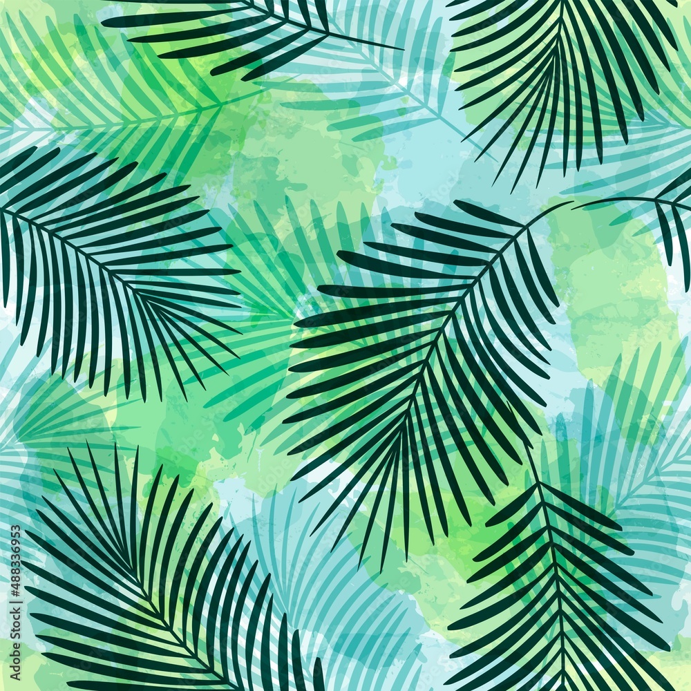 Tropical pattern, Exotic print, green watercolor palm leaves seamless vector background. Leaves of palm tree, girly jungle print on brush stains