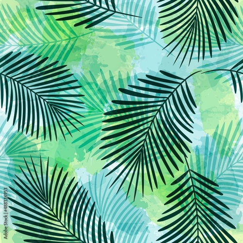 Tropical pattern, Exotic print, green watercolor palm leaves seamless vector background. Leaves of palm tree, girly jungle print on brush stains