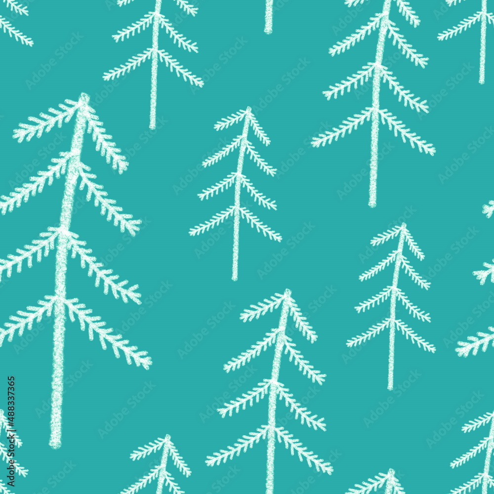 Seamless pattern with simple hand drawn elements. White fir trees in the forest in doodle style on a blue background. For textile, wallpaper and wrapping paper design.