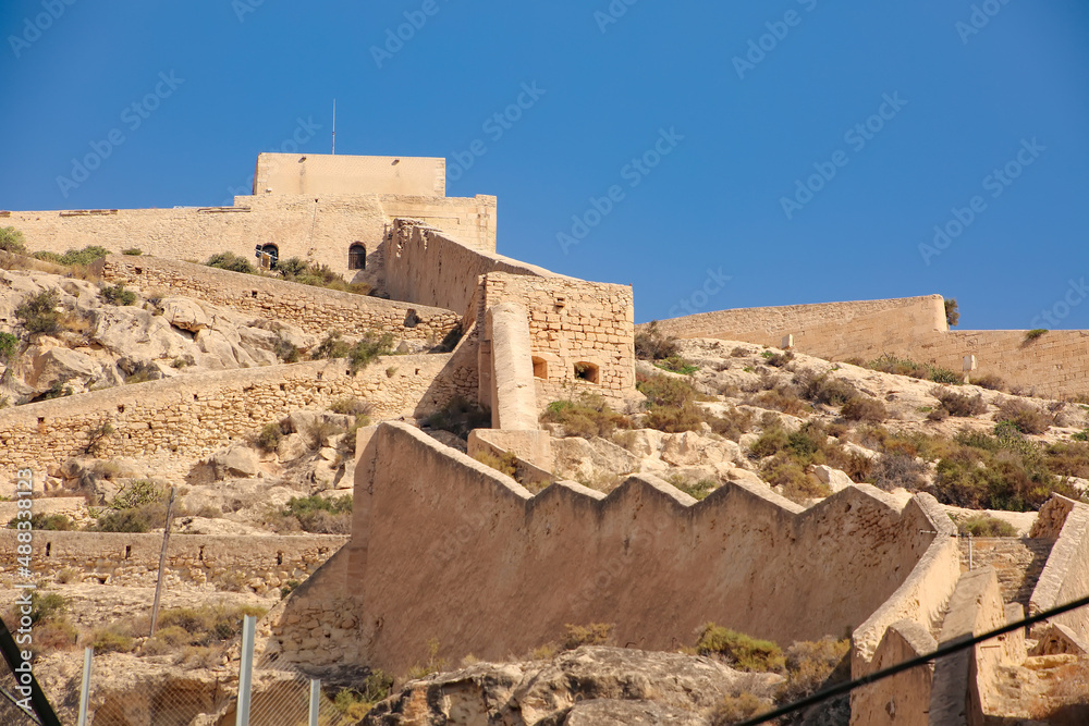 Close up of Santa Barbara Castle, which is a fortification in the center of Alicante, Spain. It stands on Mount Benacantil and dated from the 9th century.
