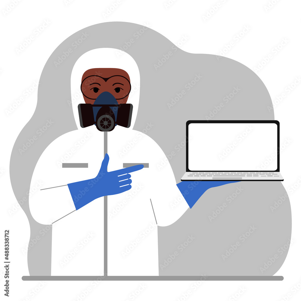 A man in a yellow radiation protective suit and a helmet with a respirator, chemical or biological safety uniform. Holds a laptop. Vector A man in a yellow radiation protective suit and a helmet with a respirator, chemical or biological safety uniform. Holds a laptop. Vector