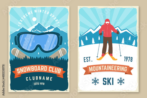 Mountaineering ski retro posters. Vector. Concept for alpine club shirt, print. Vintage typography design with mountain silhouette and skier. Family vacation, activity or travel.
