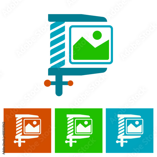 Image compression solid white icons on color square backgrounds. 