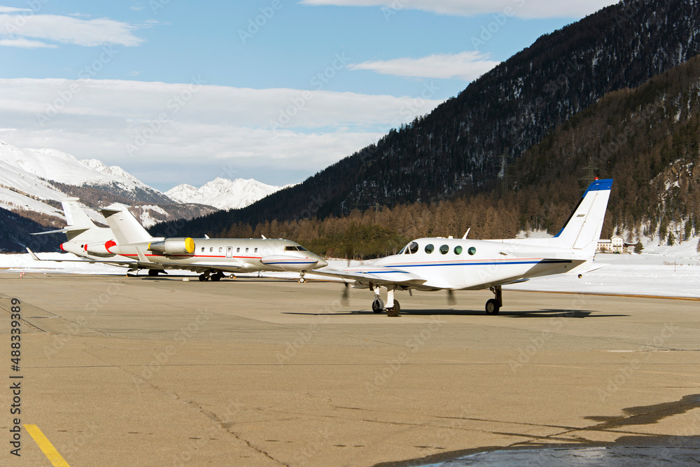 Private jets and aircrafts at the airport of Engadine St Moritz Private jets and aircrafts at the airport of Engadine St Moritz
