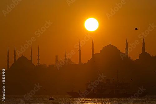 Istanbul landscape. Sunset over Istanbul Silhouette. View of Hagia Sophia and Blue Mosque. Sunset over the dome of Hagia Sophia. photo