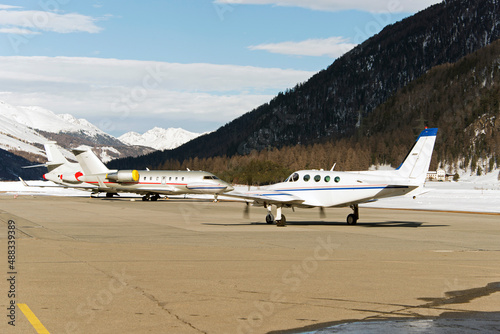 Private jets and aircrafts at the airport of Engadine St Moritz