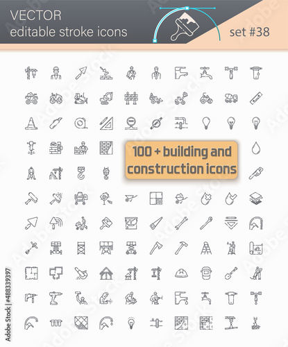 Set of editable stroke vector construction line icons isolated
