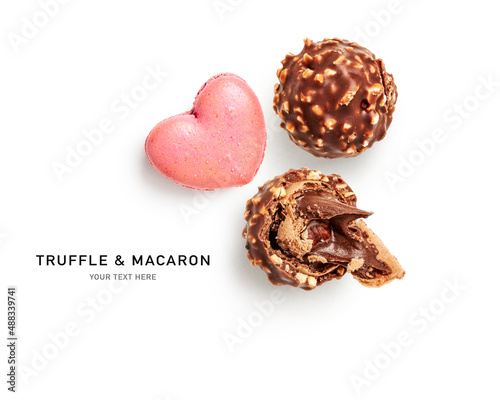 Fotografie Chocolate candy and macaroon. Tasty sweets on white background