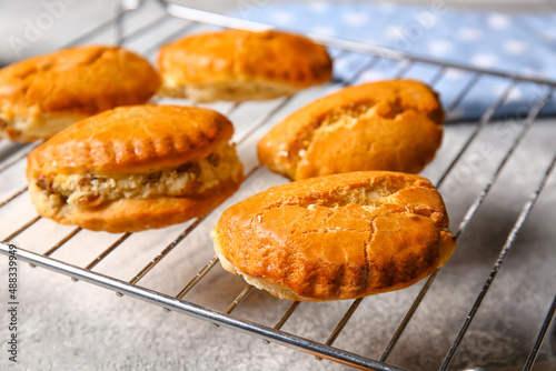 Grid of tasty sochniki with cottage cheese on grey background, closeup photo