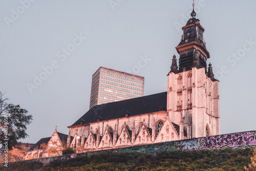  Notre Dame de la Chapelle in Brussels in the evening. Famous church in the strees of Belgiums capital photo