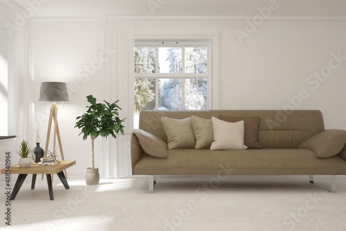 Modern living room in white color with sofa and winter landscape in window. Scandinavian interior design. 3D illustration