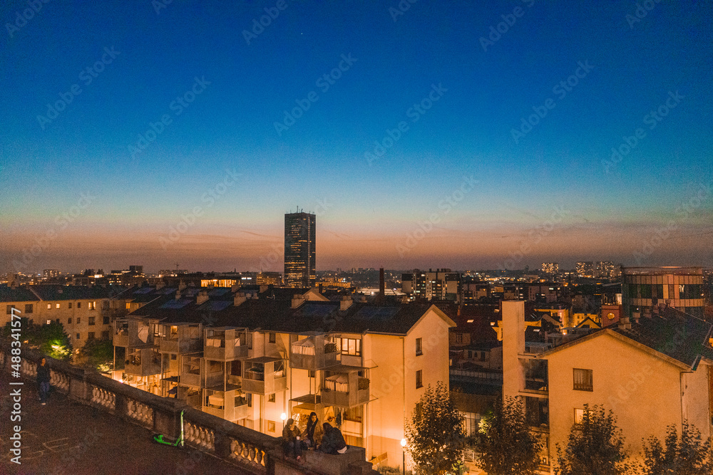 View over the city of Brussels at sunset, Belgium. Viewpoint at Poelaert square