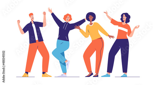 Vector illustration of a group of laughing joyful people. Editable stroke, global swatches
