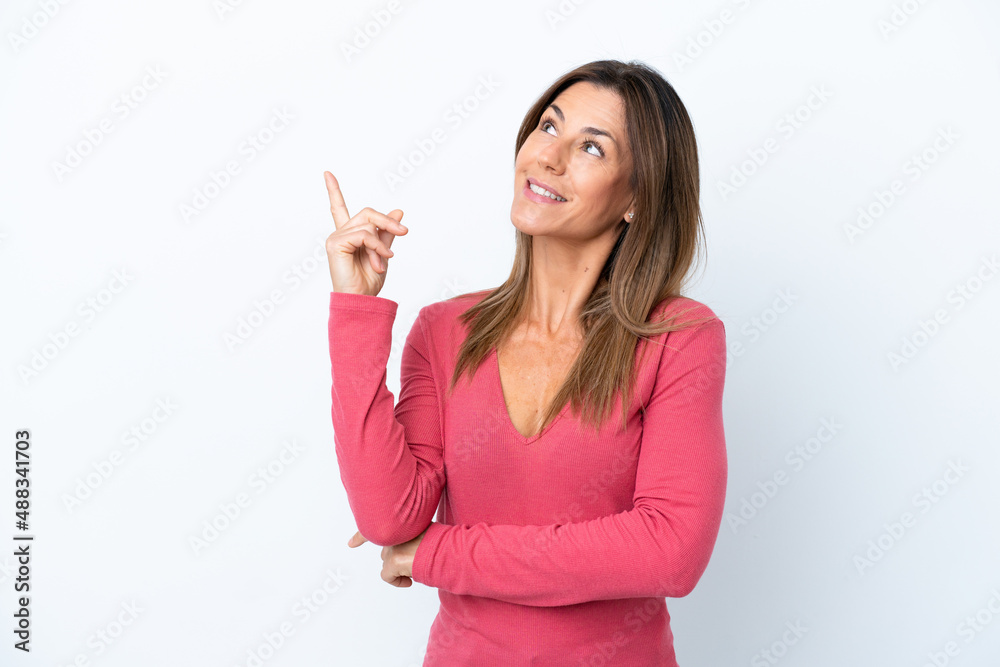 Middle age caucasian woman isolated on white background pointing up a great idea Middle age caucasian woman isolated on white background pointing up a great idea