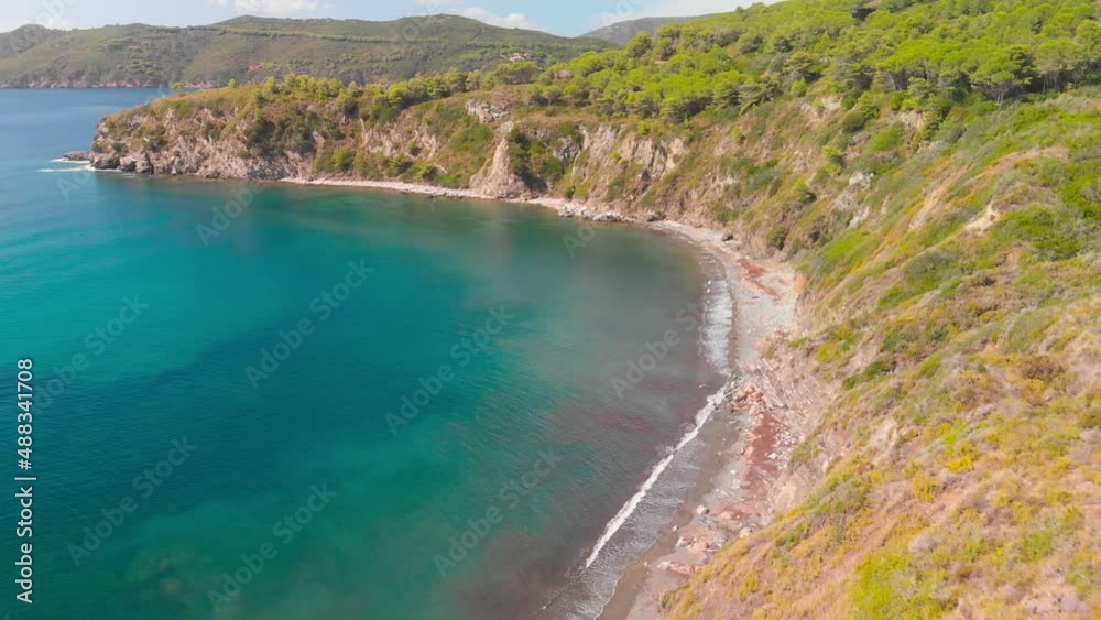 Aerial view of Acquarilli Beach, Elba Island. Slow motion