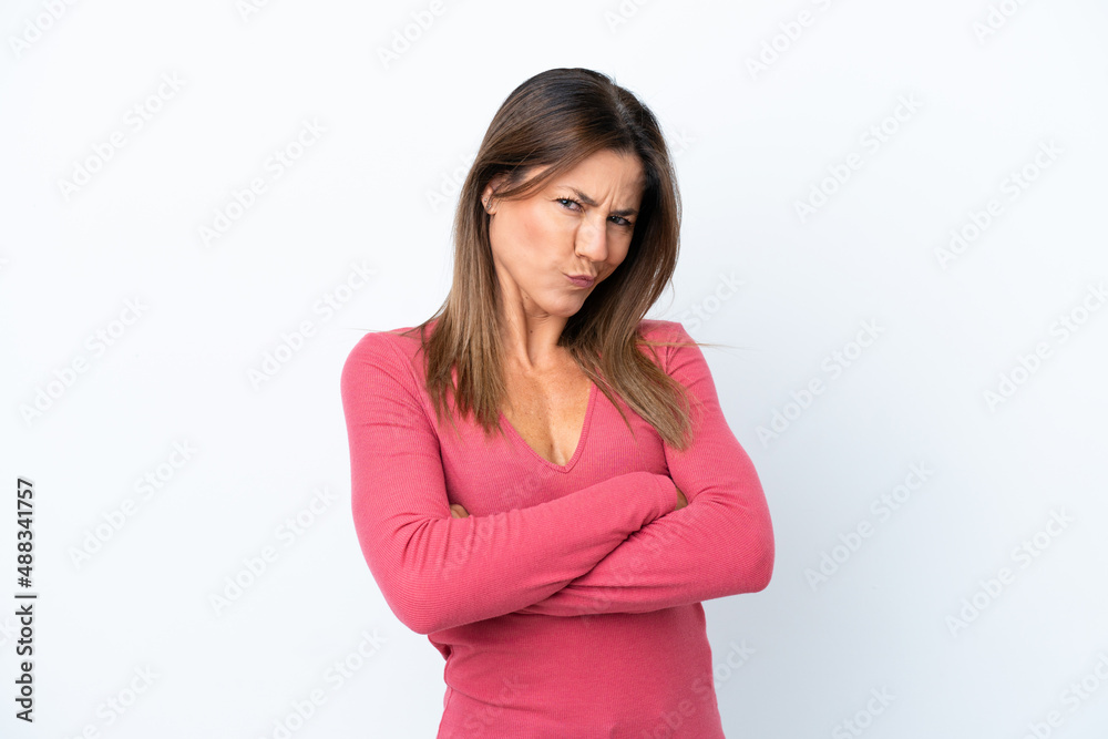 Middle age caucasian woman isolated on white background with unhappy expression Middle age caucasian woman isolated on white background with unhappy expression