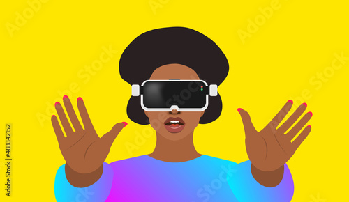 african american woman wearing vr glasses  game internet video conference technology vector illustration 