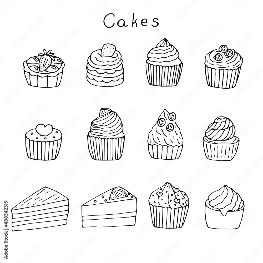Set of cakes cupcakes and pieces vector illustration, hand drawing doodles